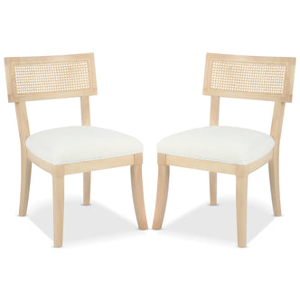 Avelino Hardwood & Rattan Dining Chair Set of 2 features light-wood frames with rectangular woven cane backrests and thick white upholstered seat cushions, offering a modern-vintage elegance to dining spaces.