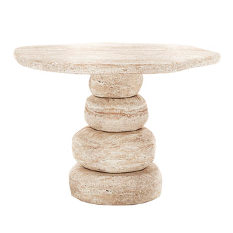 Azalea Round Indoor/Outdoor Concrete Dining Table Travertine features a light-beige, stone-like material with a pebble-shaped stone base and flat, circular tabletop, embodying modern design and durability.