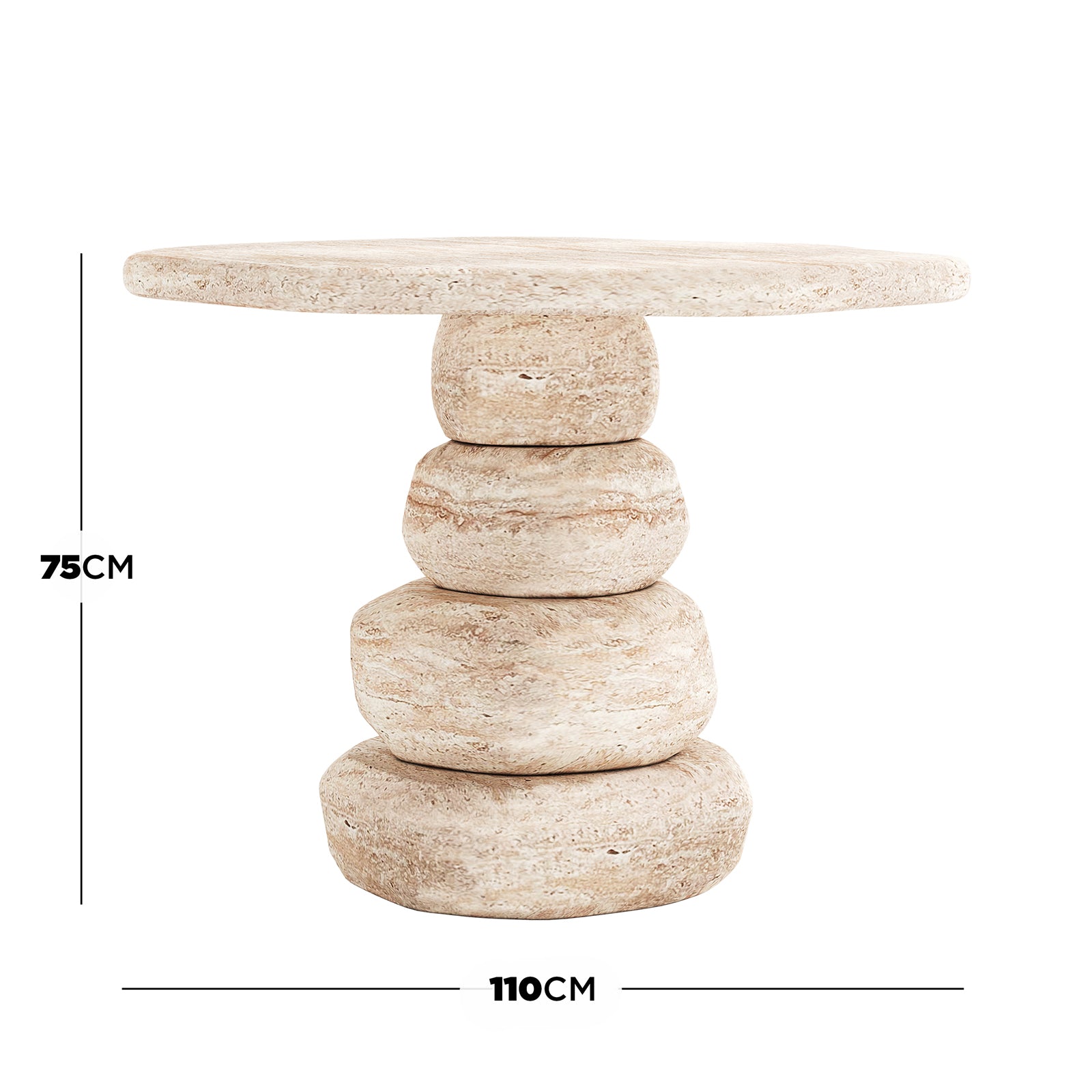 Azalea Round Indoor/Outdoor Concrete Dining Table Travertine with a circular top, sculptural pebble-like base of four stacked irregular stones, finished in a travertine style. Dimensions: 75 cm tall, 110 cm wide.