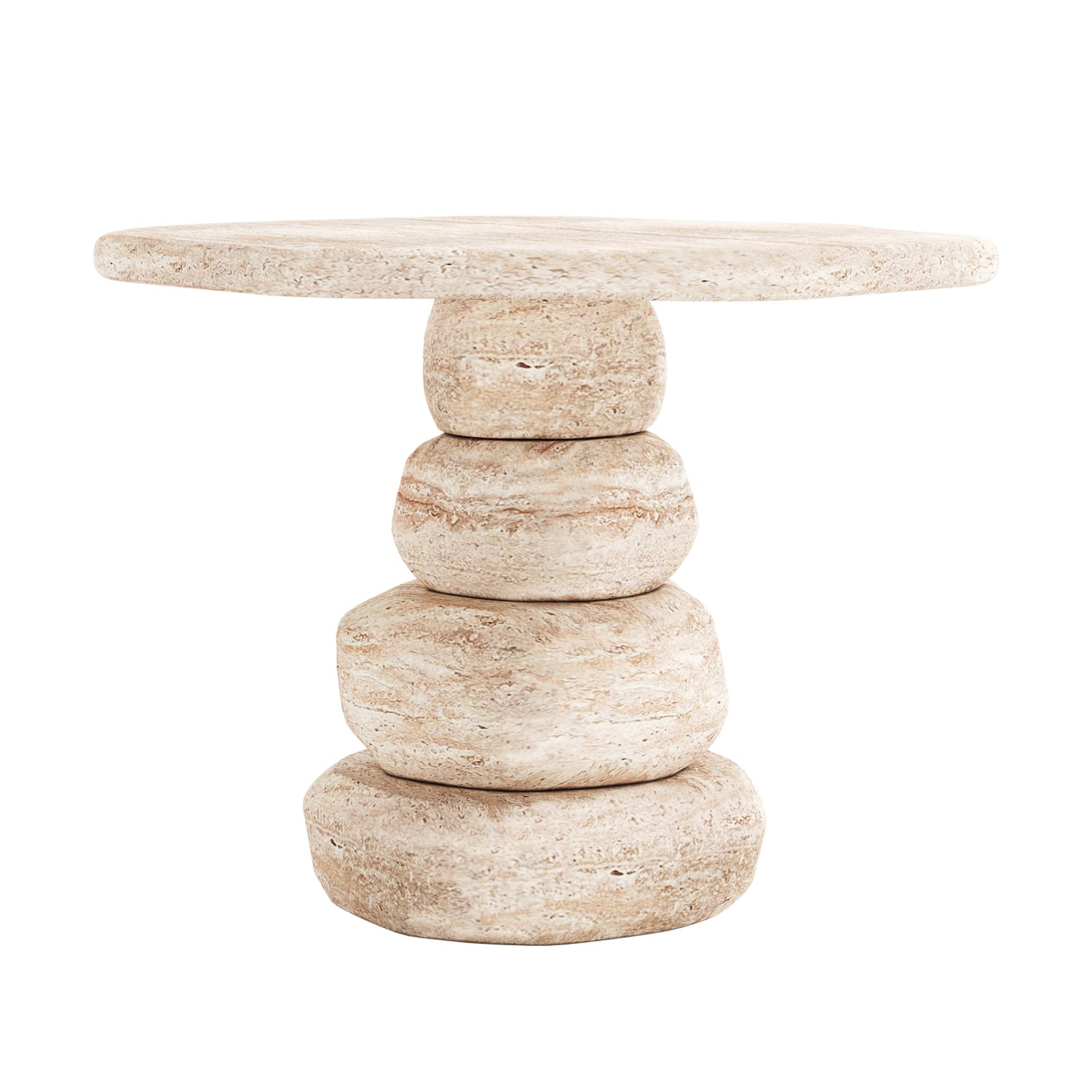 Azalea Round Indoor/Outdoor Concrete Dining Table Travertine, featuring a sculptural base of stacked pebble-shaped stone blocks and a round, flat tabletop, exemplifies minimalist, natural-stone design perfect for modern spaces.