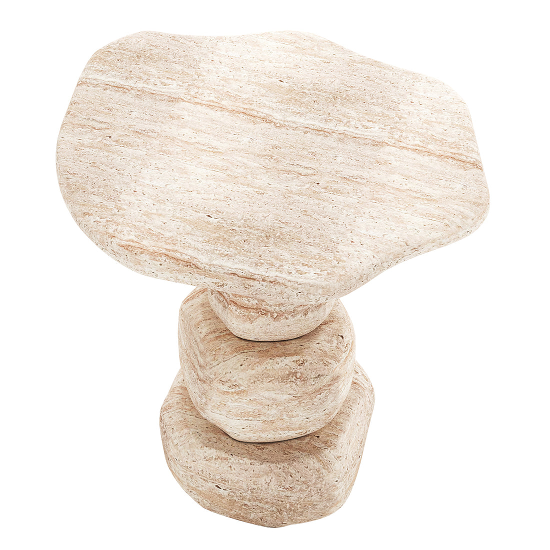 Azalea Round Indoor/Outdoor Concrete Dining Table Travertine features sculpted, stacked-stone design, resembling polished, rounded stones, forming a stylish, modern accent table with a travertine finish for indoor settings.
