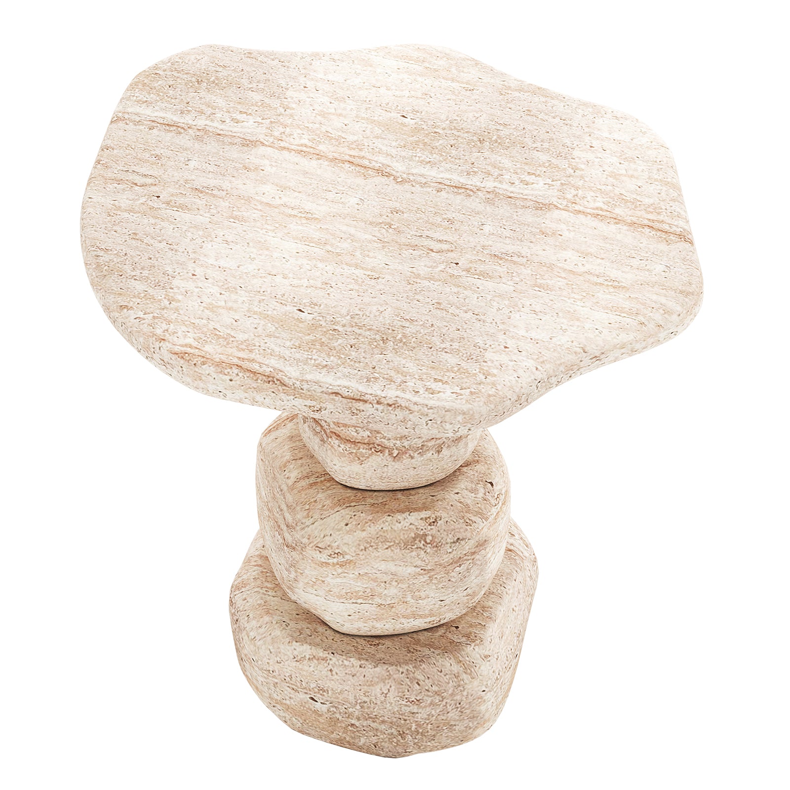 Azalea Round Indoor/Outdoor Concrete Dining Table Travertine features sculpted, stacked-stone design, resembling polished, rounded stones, forming a stylish, modern accent table with a travertine finish for indoor settings.