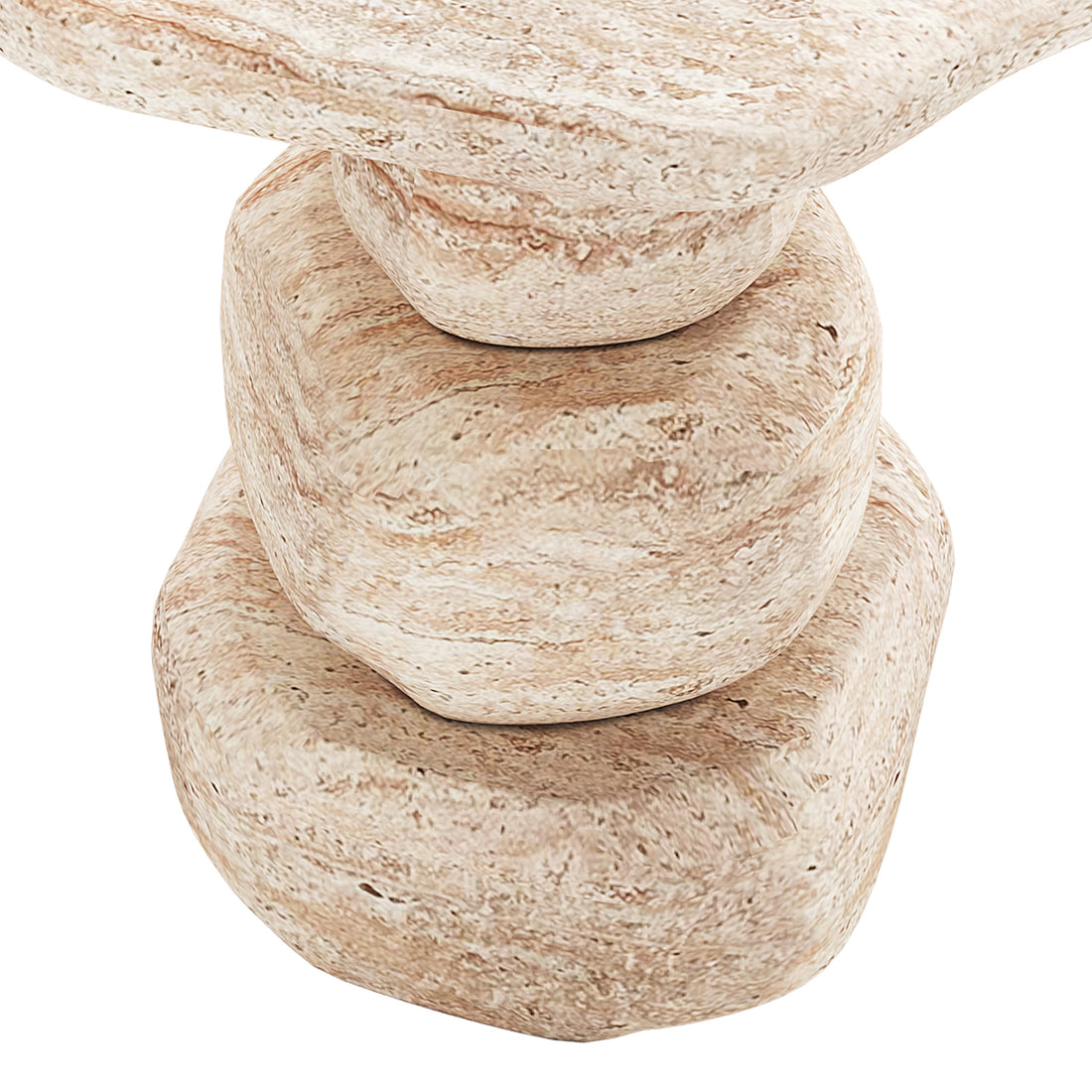 Three smooth, rounded beige stone-like objects are neatly stacked, resembling the sculptural form of the Azalea Round Indoor/Outdoor Concrete Dining Table Travertine, capturing its modern, artistic essence.