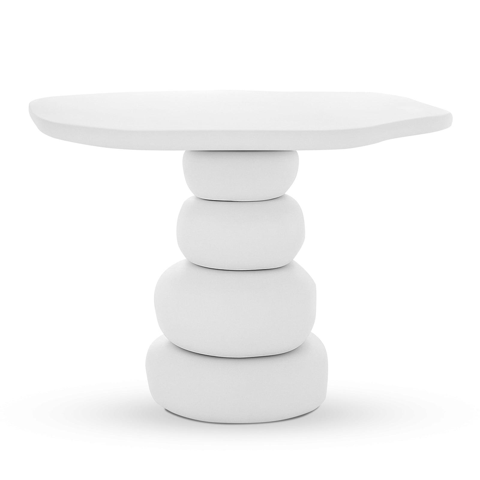 Azalea Round Indoor/Outdoor Concrete Dining Table White features a sculptural design with a rounded-square top and a base of stacked pebble shapes, emphasizing a minimalist, monolithic aesthetic.