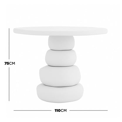 Azalea Round Indoor/Outdoor Concrete Dining Table White features a minimalist design with a smooth, 110 cm round top and a unique central stack of four pebble-shaped supports, standing 75 cm tall.