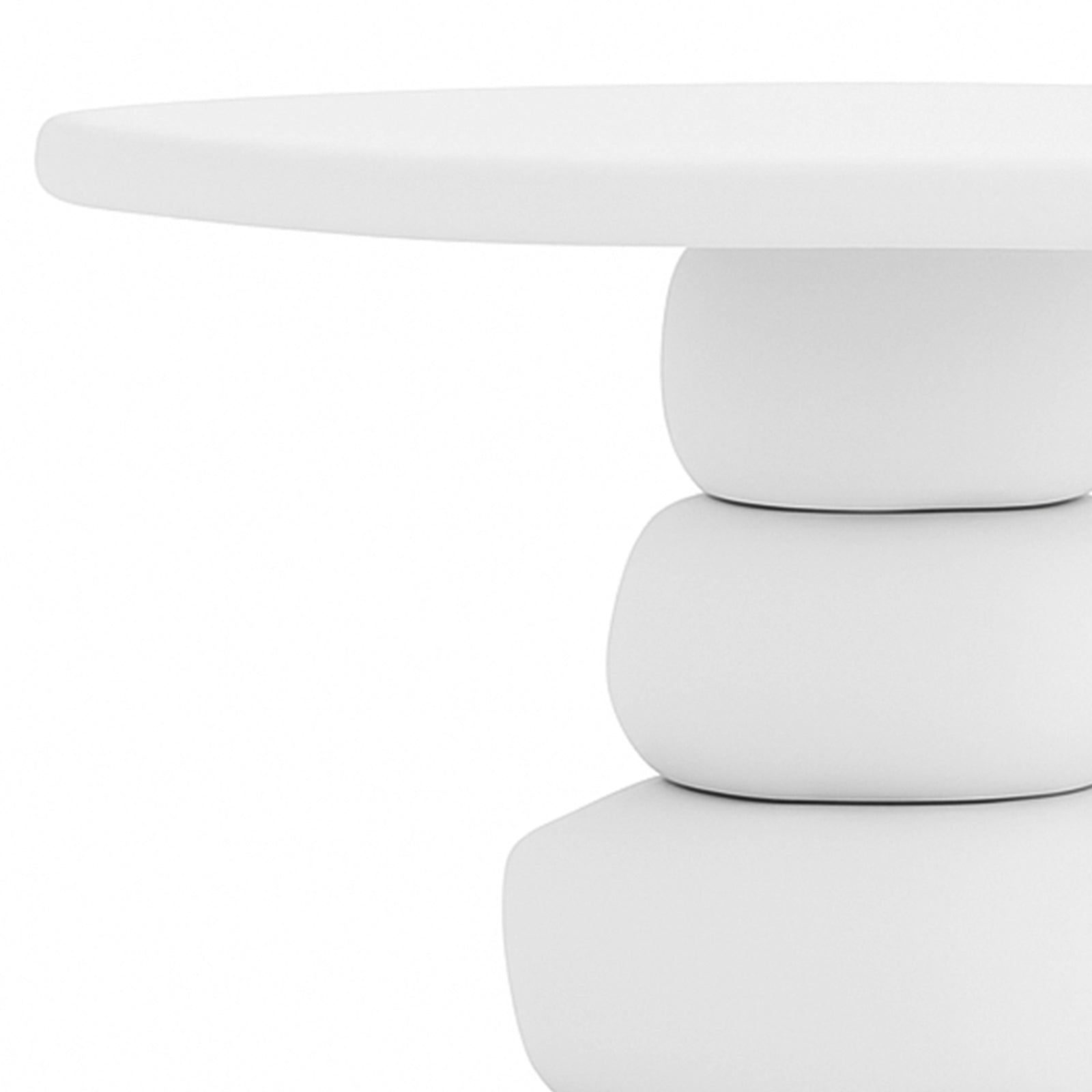 Azalea Round Indoor/Outdoor Concrete Dining Table features a sleek, all-white design with a round top and sculptural, pebble-like cylindrical base, ideal for modern, stylish dining spaces.
