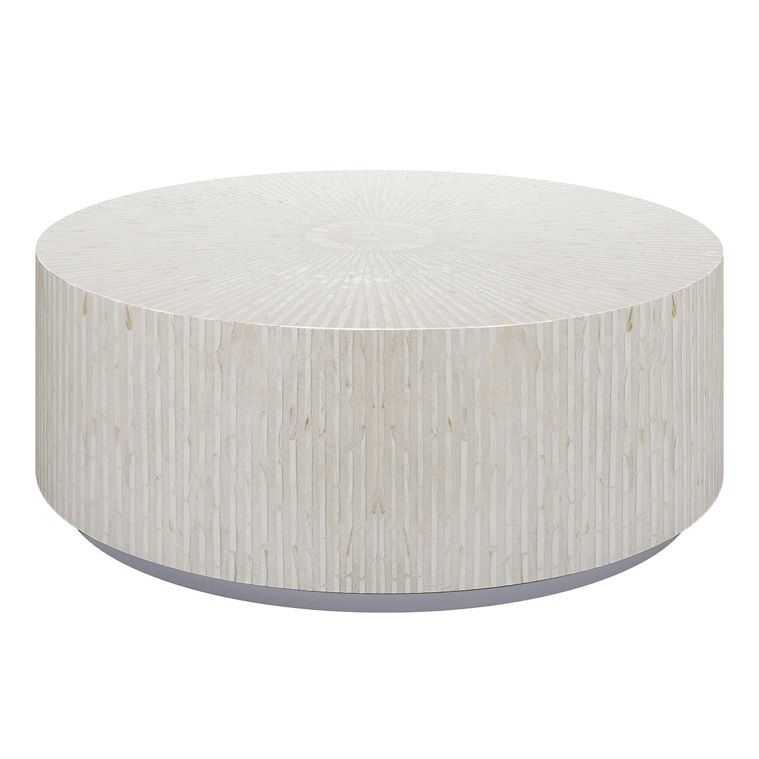 Baltoy 100cm Mother of Pearl Inlay Coffee Table in Sand, featuring a round, drum-style design with textured stone veneer mosaic and recessed base, creating a sophisticated, modern focal point.