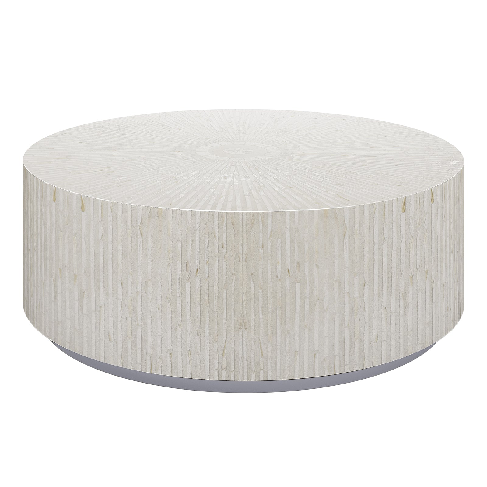 Baltoy 100cm Mother of Pearl Inlay Coffee Table in Sand, featuring a round, drum-style design with textured stone veneer mosaic and recessed base, creating a sophisticated, modern focal point.