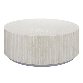 Baltoy 100cm Mother of Pearl Inlay Coffee Table in Sand, featuring a round, drum-style design with textured stone veneer mosaic and recessed base, creating a sophisticated, modern focal point.