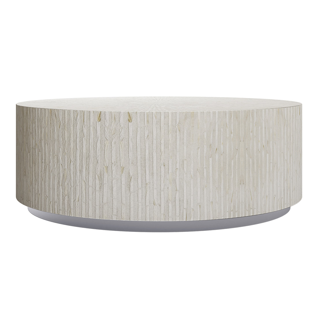 Baltoy 100cm Mother of Pearl Inlay Coffee Table in Sand, featuring a drum shape with a subtly textured off-white surface and sophisticated stripe pattern, set on a thin recessed gray base.