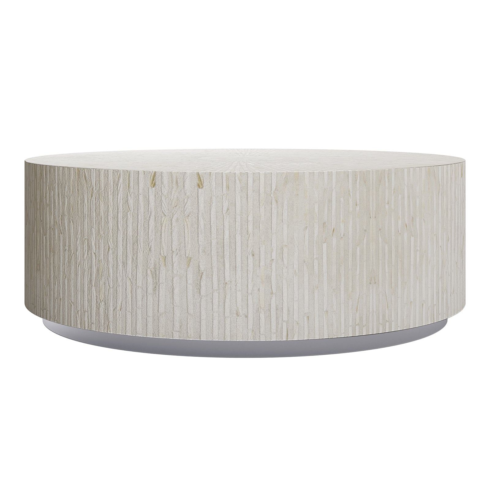 Baltoy 100cm Mother of Pearl Inlay Coffee Table in Sand, featuring a drum shape with a subtly textured off-white surface and sophisticated stripe pattern, set on a thin recessed gray base.