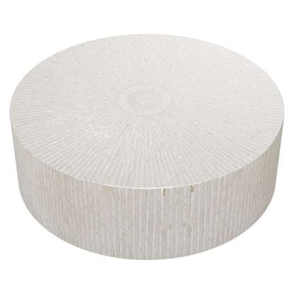 Baltoy 100cm Mother of Pearl Inlay Coffee Table in Sand, featuring a round drum style with white radiating mosaic pattern, offering a clean, sculptural look for modern living rooms.