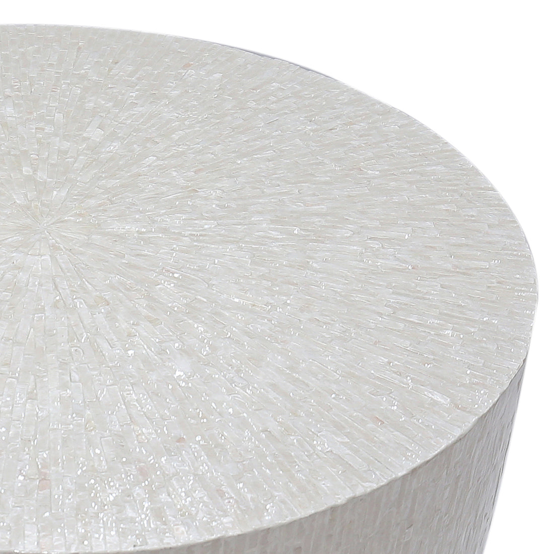 Baltoy 100cm Mother of Pearl Inlay Coffee Table in Sand, featuring a round tabletop adorned with intricate white mosaic tiles in a sunburst pattern, exuding a luxurious and sophisticated finish.