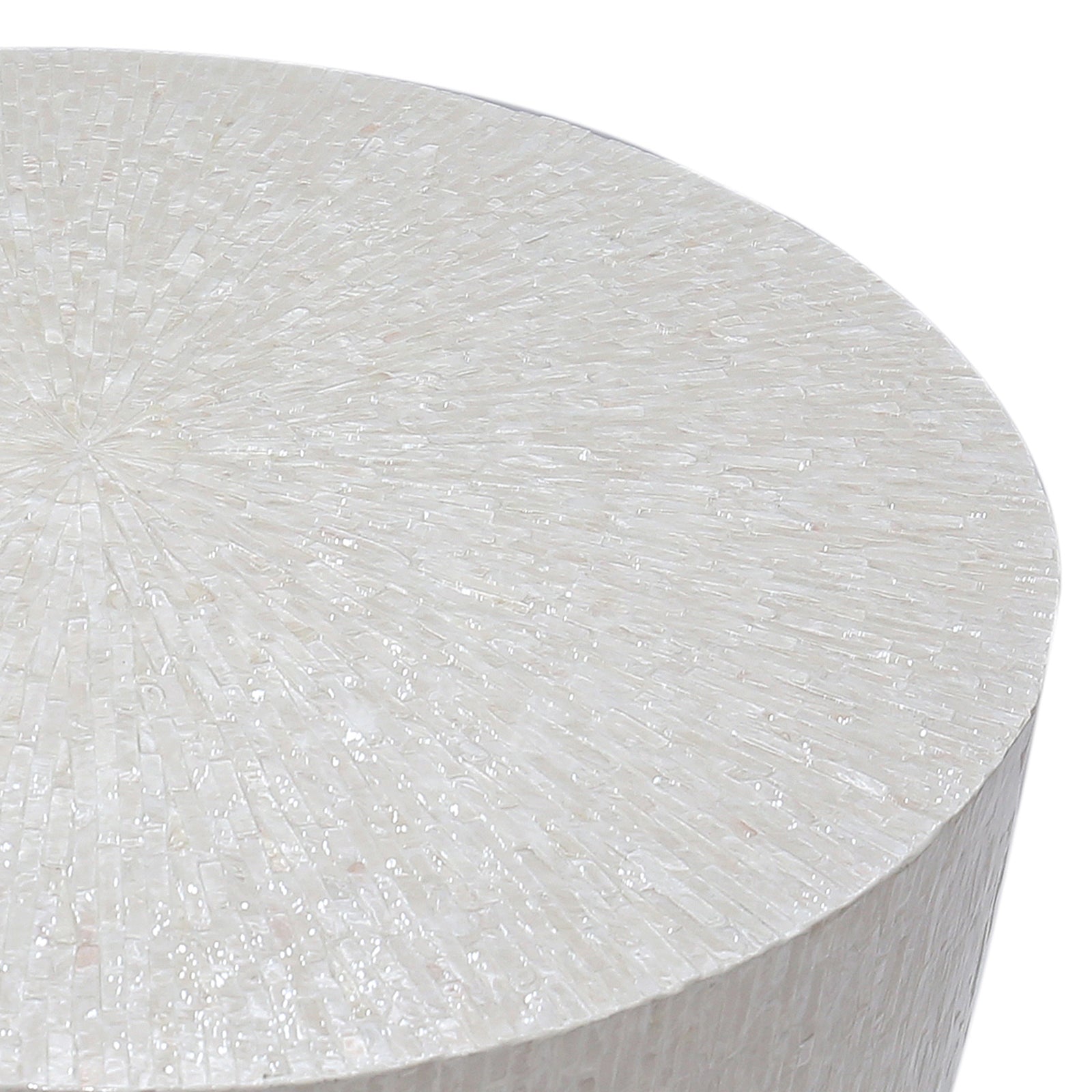 Baltoy 100cm Mother of Pearl Inlay Coffee Table in Sand, featuring a round tabletop adorned with intricate white mosaic tiles in a sunburst pattern, exuding a luxurious and sophisticated finish.