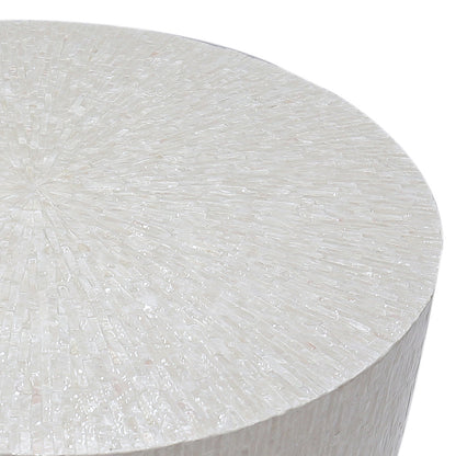Baltoy 100cm Mother of Pearl Inlay Coffee Table in Sand, featuring a round tabletop adorned with intricate white mosaic tiles in a sunburst pattern, exuding a luxurious and sophisticated finish.