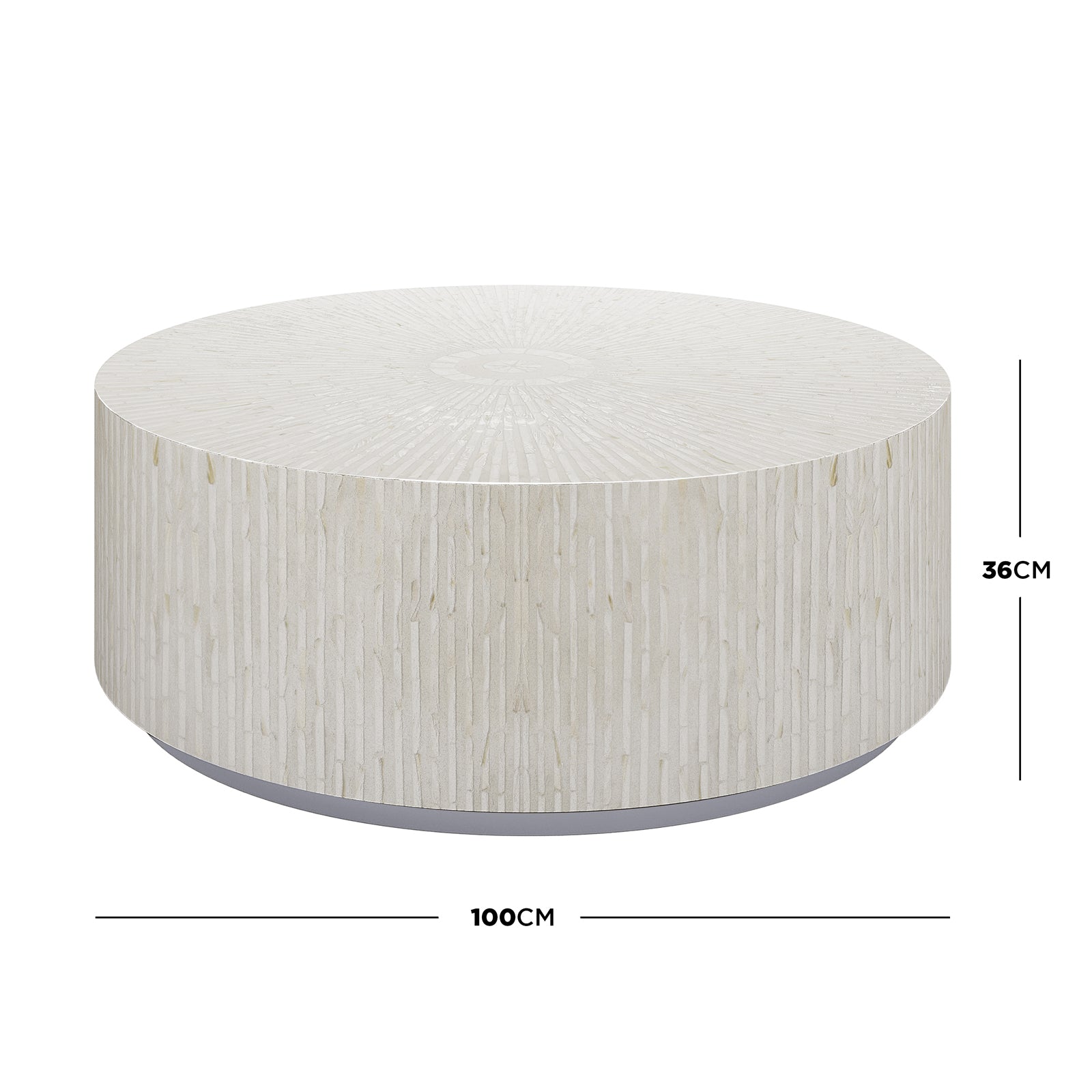 Baltoy 100cm Mother of Pearl Inlay Coffee Table in Sand, featuring a low, cylindrical design with a sunburst pattern on top and linear strips around the sides.
