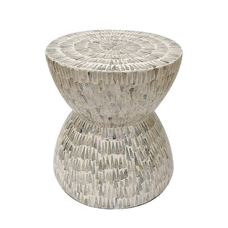 Baylor 40cm Mother of Pearl Inlay Side Table features an hourglass shape with a gray-and-white mosaic tile pattern, showcasing intricate mother of pearl inlay, adding elegance and functionality to any space.