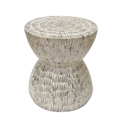 Baylor 40cm Mother of Pearl Inlay Side Table features an hourglass shape with a gray-and-white mosaic tile pattern, showcasing intricate mother of pearl inlay, adding elegance and functionality to any space.