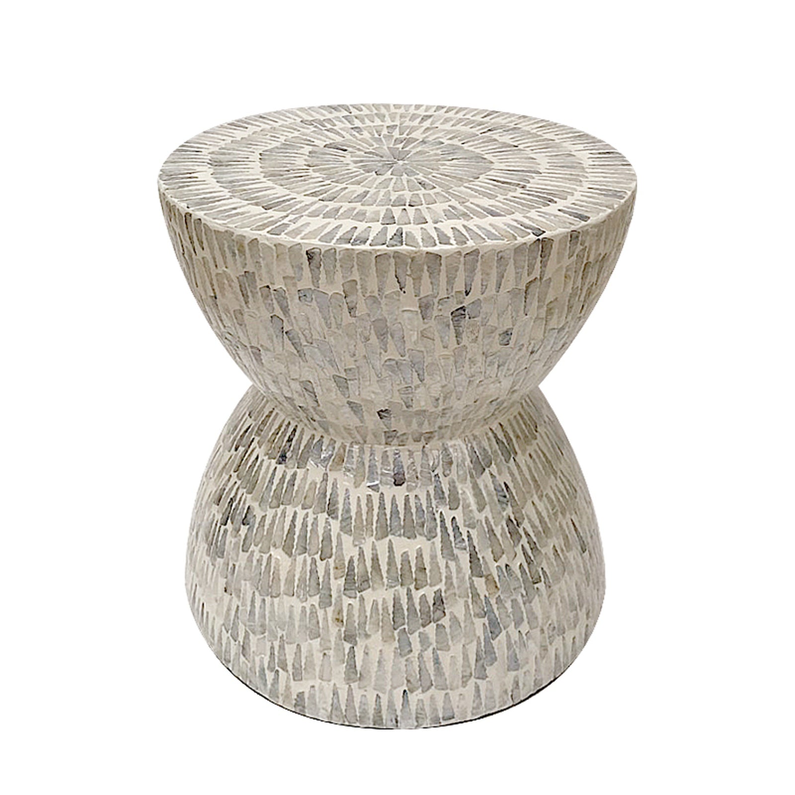 Baylor 40cm Mother of Pearl Inlay Coffee Table Pale Blue, featuring an hourglass shape with intricate grey-and-white mosaic tiles, perfect as a stylish accent piece for any room.