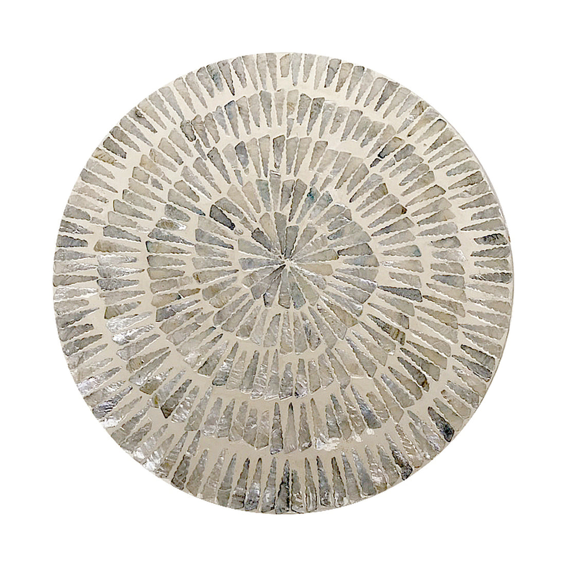 Baylor 40cm Mother of Pearl Inlay Side Table features a radiant mosaic of iridescent stick-shaped tiles on a cream base, creating a sunburst design, showcasing craftsmanship and elegance.