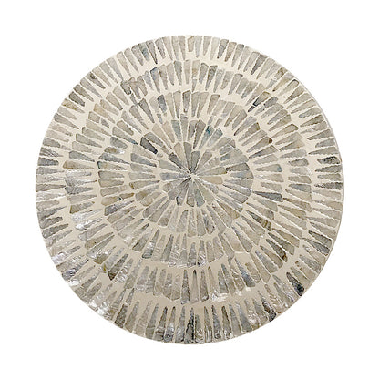 Baylor 40cm Mother of Pearl Inlay Side Table features a radiant mosaic of iridescent stick-shaped tiles on a cream base, creating a sunburst design, showcasing craftsmanship and elegance.