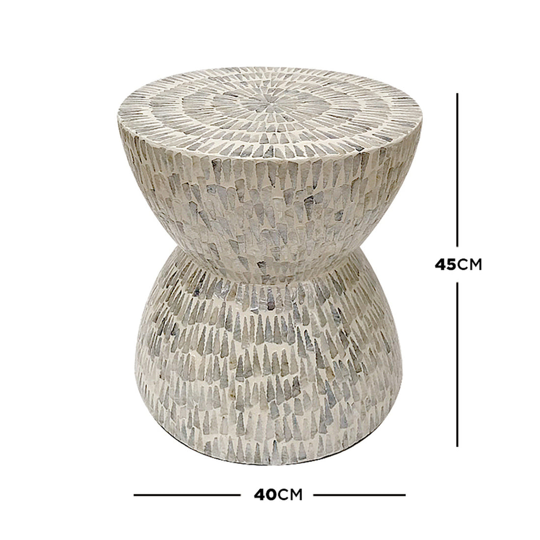 Baylor 40cm Mother of Pearl Inlay Side Table featuring a light grey, irregular-tile mosaic pattern, hourglass shape, and 45 cm height, offering elegance and functionality for any room.