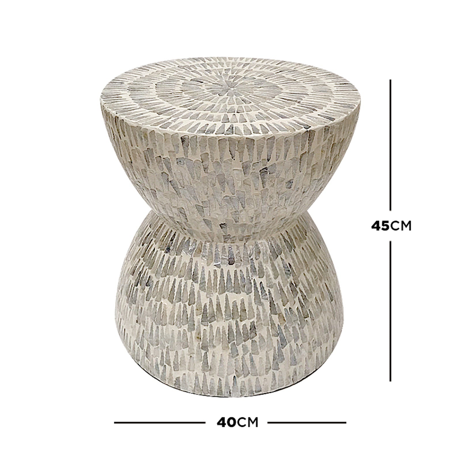 Baylor 40cm Mother of Pearl Inlay Side Table featuring a light grey, irregular-tile mosaic pattern, hourglass shape, and 45 cm height, offering elegance and functionality for any room.