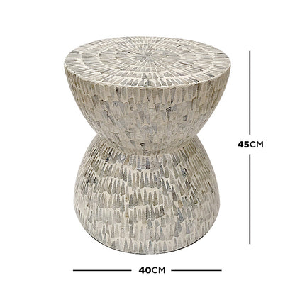 Baylor 40cm Mother of Pearl Inlay Side Table featuring a light grey, irregular-tile mosaic pattern, hourglass shape, and 45 cm height, offering elegance and functionality for any room.