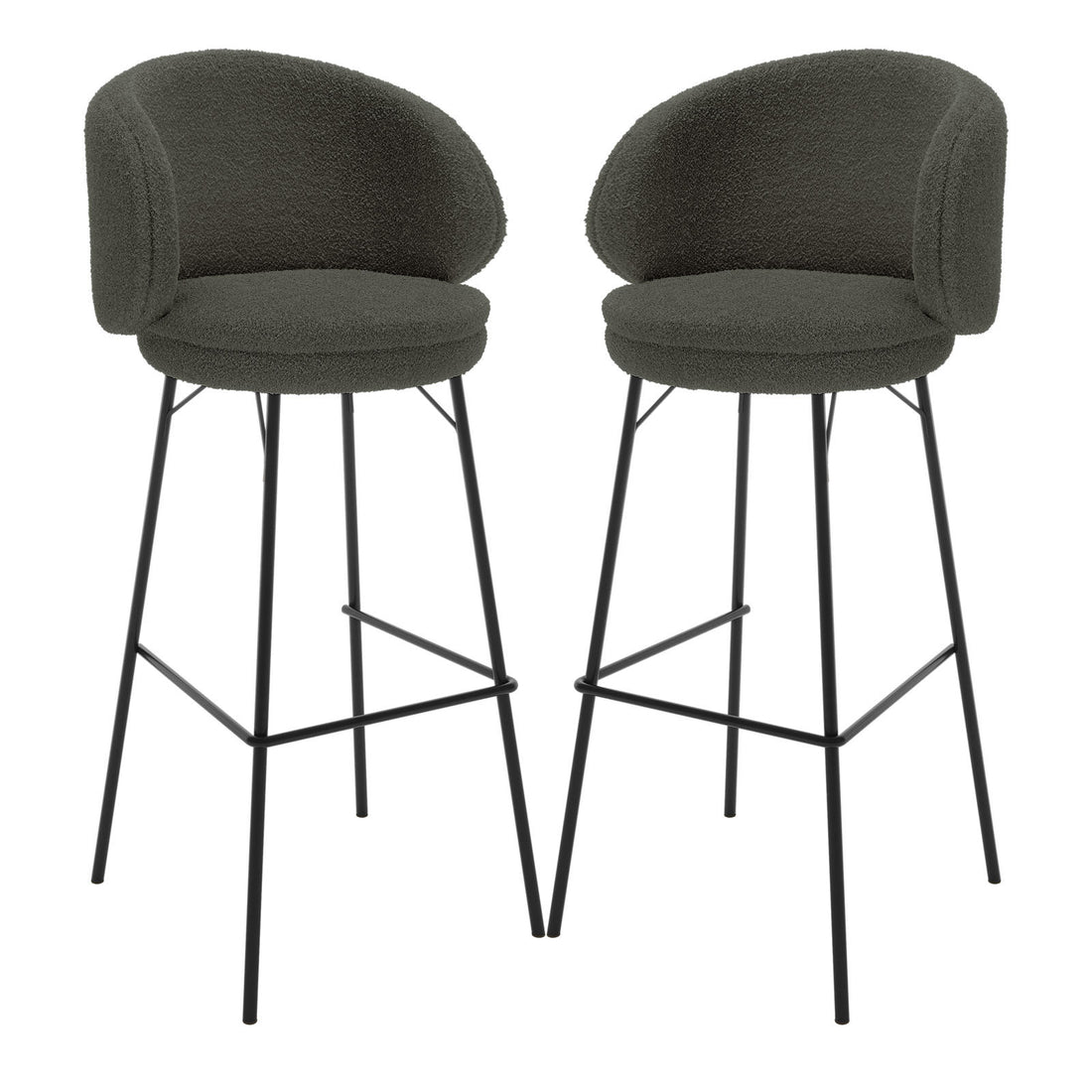 Belize High Back Boucle Bar Stool Set of 2 in Green, featuring round, padded seats with low curved backrests in boucle fabric, powder-coated metal legs with footrests, and anti-slip pads for stability.