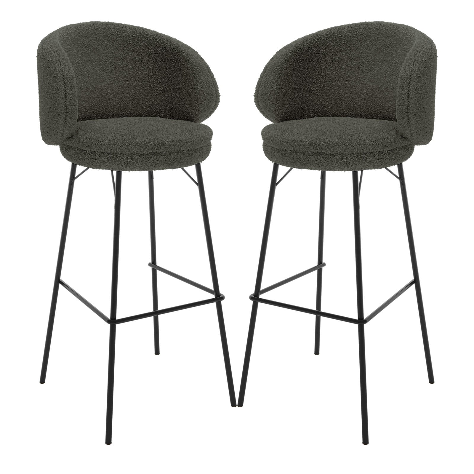 Belize High Back Boucle Bar Stool Set of 2 in Green, featuring round, padded seats with low curved backrests in boucle fabric, powder-coated metal legs with footrests, and anti-slip pads for stability.