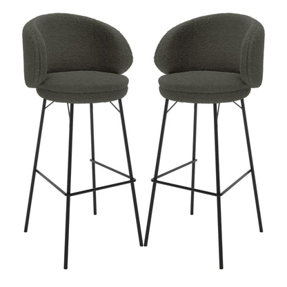 Belize High Back Boucle Bar Stool Set of 2 in Green, featuring round, padded seats with low curved backrests in boucle fabric, powder-coated metal legs with footrests, and anti-slip pads for stability.