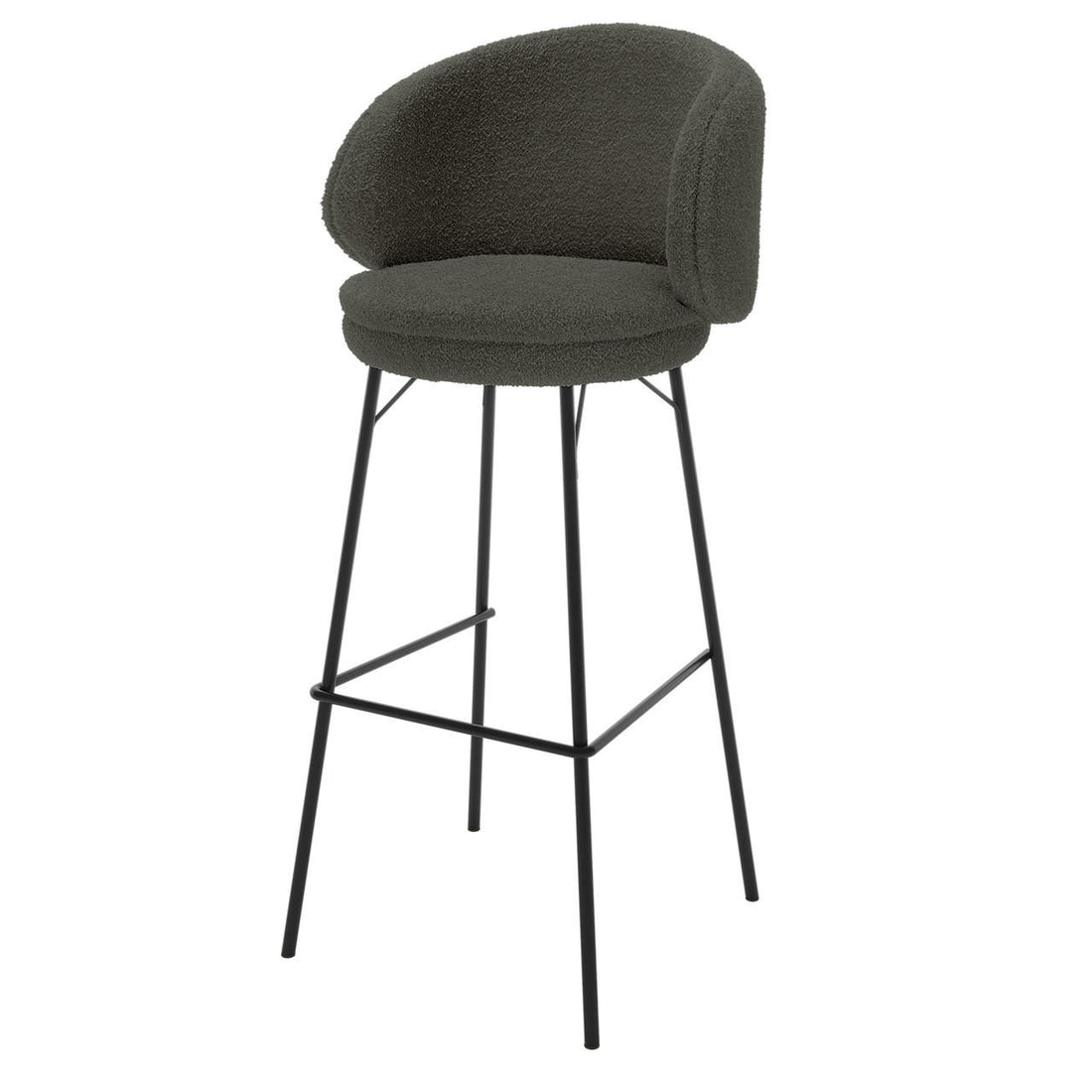 Belize High Back Boucle Bar Stool Set of 2 in Green features a rounded, upholstered seat and backrest on sleek black metal legs with a footrest, offering modern style and comfort.
