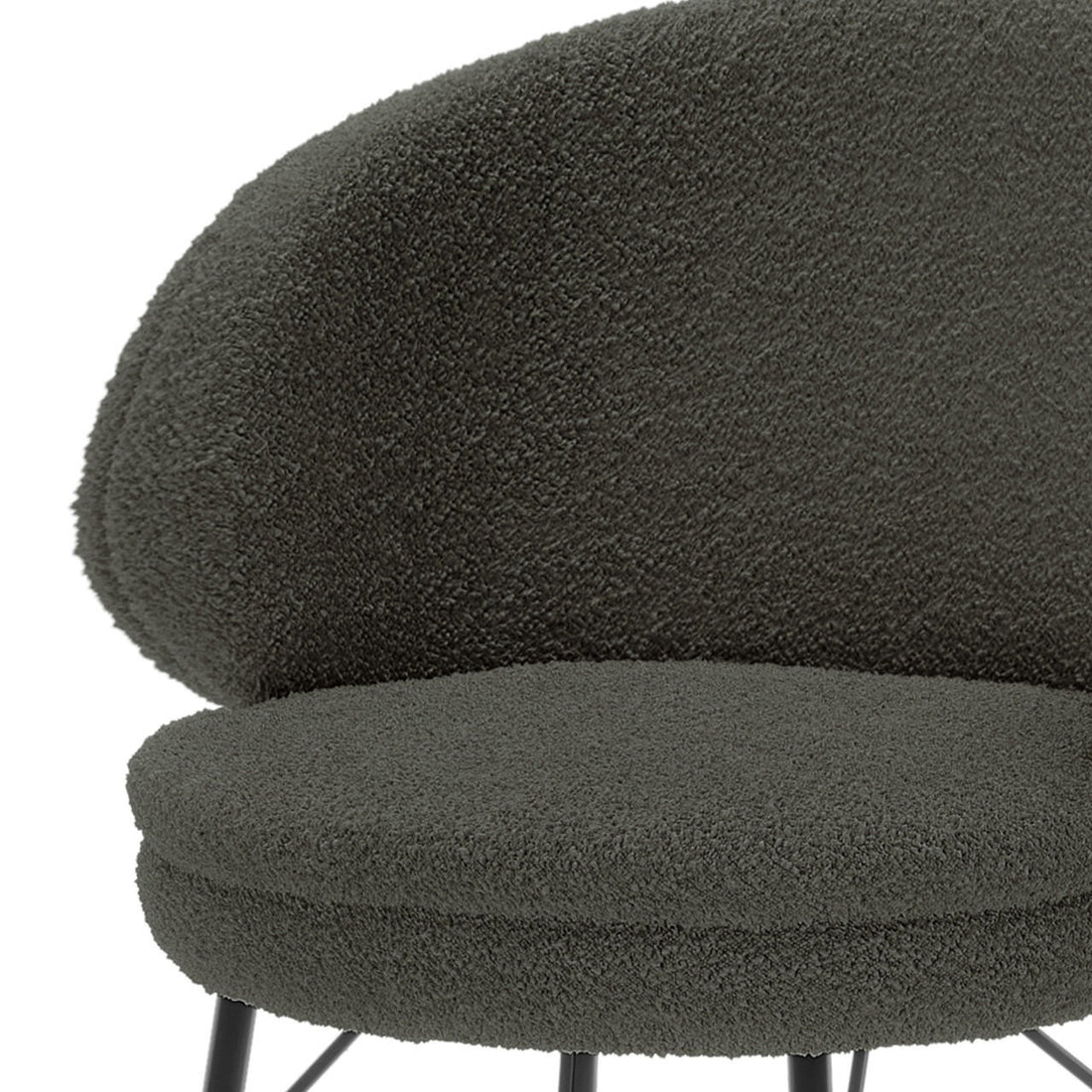 Belize High Back Boucle Bar Stool Set of 2 in Green features a rounded backrest and seat in dark gray boucle fabric, with slim black metal legs visible beneath for a modern look.
