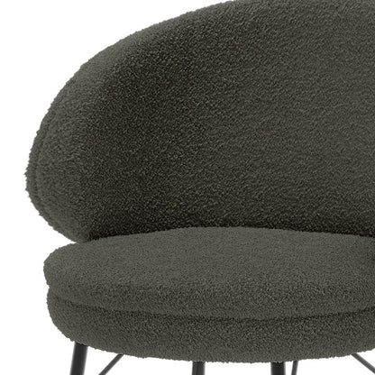 Belize High Back Boucle Bar Stool Set of 2 in Green features a rounded backrest and seat in dark gray boucle fabric, with slim black metal legs visible beneath for a modern look.