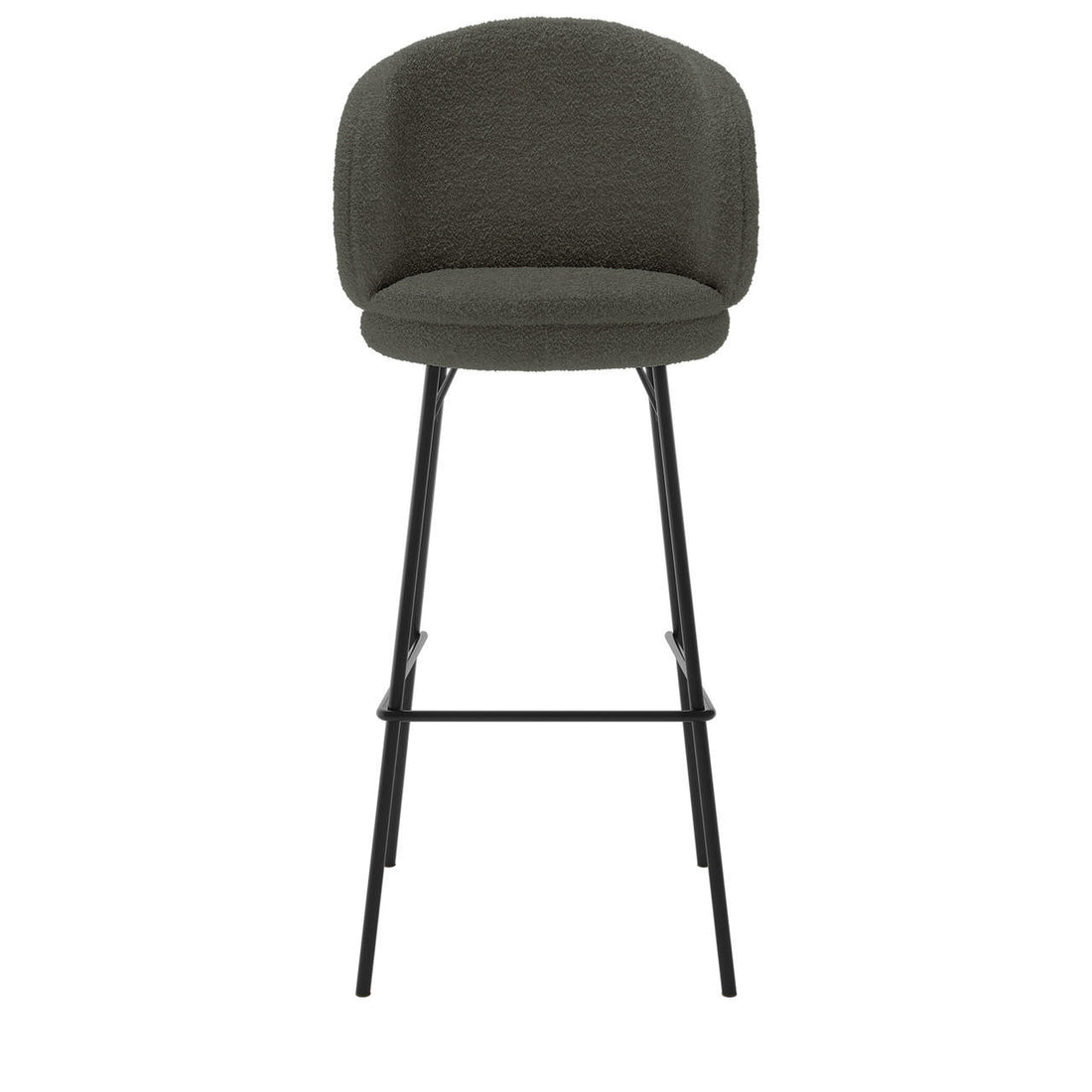 Belize High Back Boucle Bar Stool Set of 2 in Green features plush, curved backs and round seats in dark boucle fabric, supported by slender black metal legs with footrests, offering modern elegance.