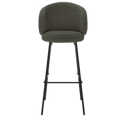 Belize High Back Boucle Bar Stool Set of 2 in Green features plush, curved backs and round seats in dark boucle fabric, supported by slender black metal legs with footrests, offering modern elegance.