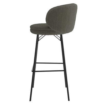 Belize High Back Boucle Bar Stool Set of 2 in Green features cushioned, curved back seats in gray bouclé fabric, with sleek black metal legs and a footrest, offering modern style and comfort.