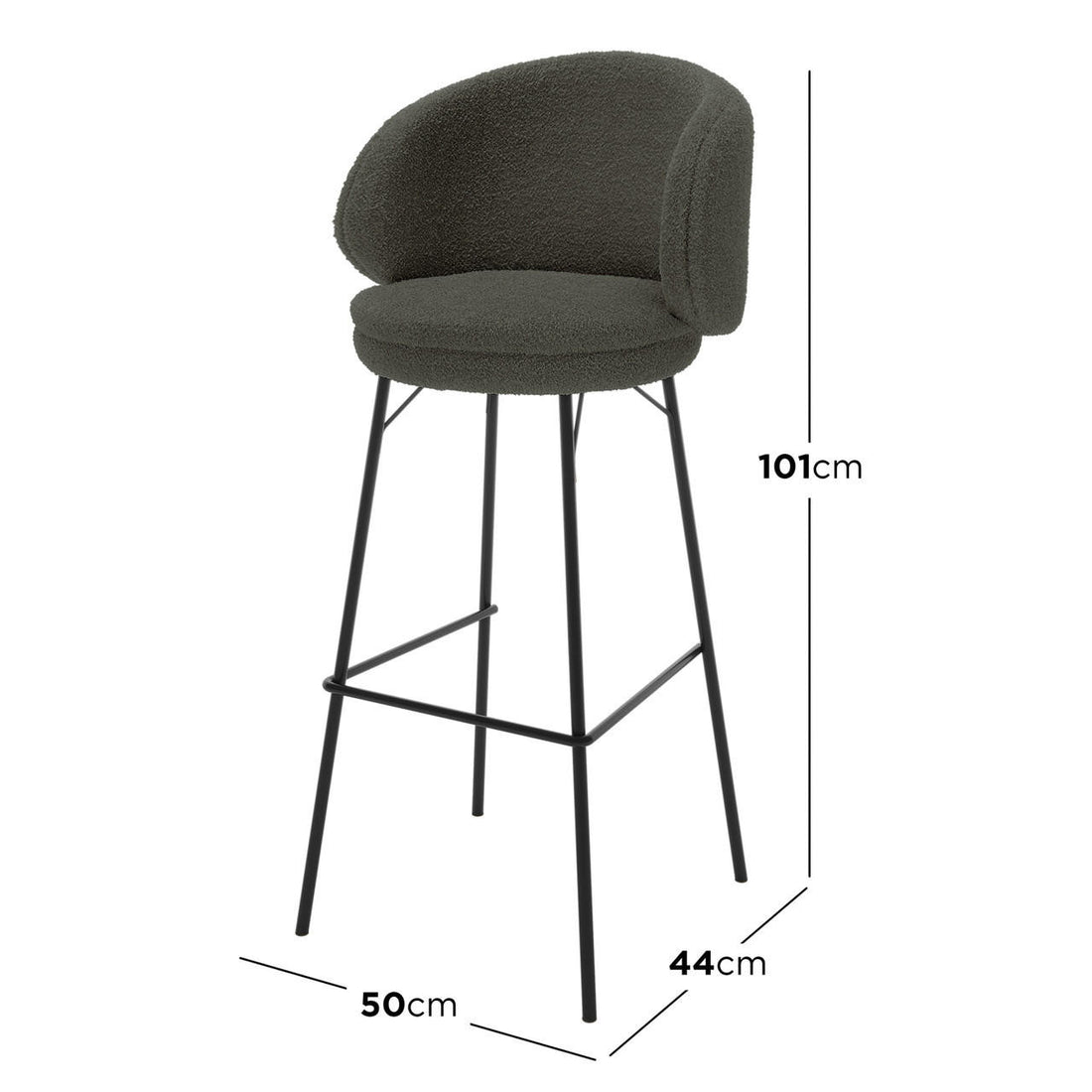 Belize High Back Boucle Bar Stool Set of 2 in Green, featuring a rounded, upholstered seat, low curved backrest, dark boucle fabric, slender black metal legs with footrest, and anti-slip pads.