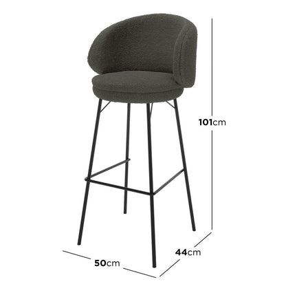 Belize High Back Boucle Bar Stool Set of 2 in Green, featuring a rounded, upholstered seat, low curved backrest, dark boucle fabric, slender black metal legs with footrest, and anti-slip pads.