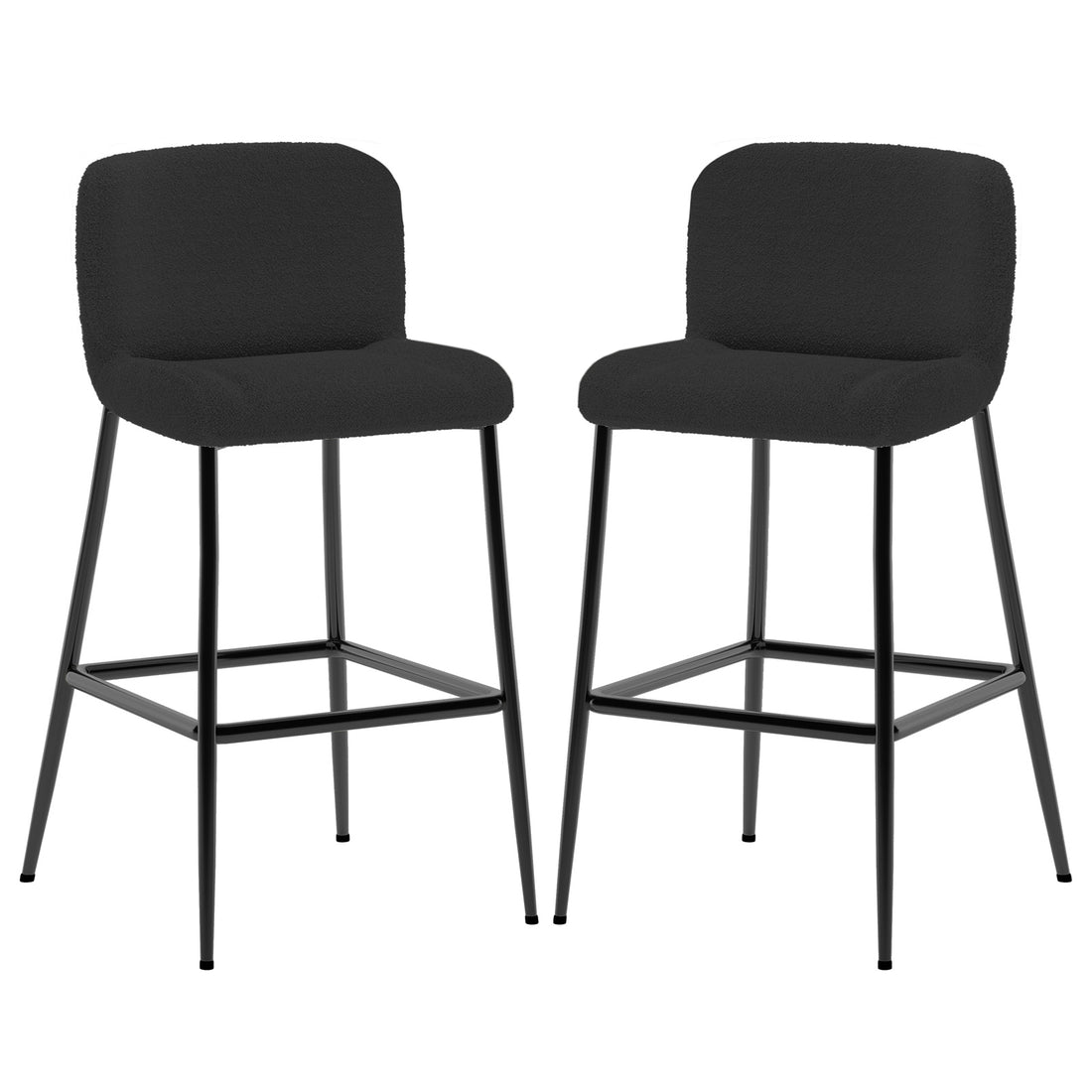 Bernie High Back Boucle Bar Stool Set of 2 in Black features low, upholstered backs and seats in dark boucle fabric, supported by slender black metal legs and a square footrest, exuding modern elegance.