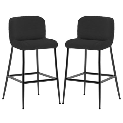 Bernie High Back Boucle Bar Stool Set of 2 in Black features low, upholstered backs and seats in dark boucle fabric, supported by slender black metal legs and a square footrest, exuding modern elegance.