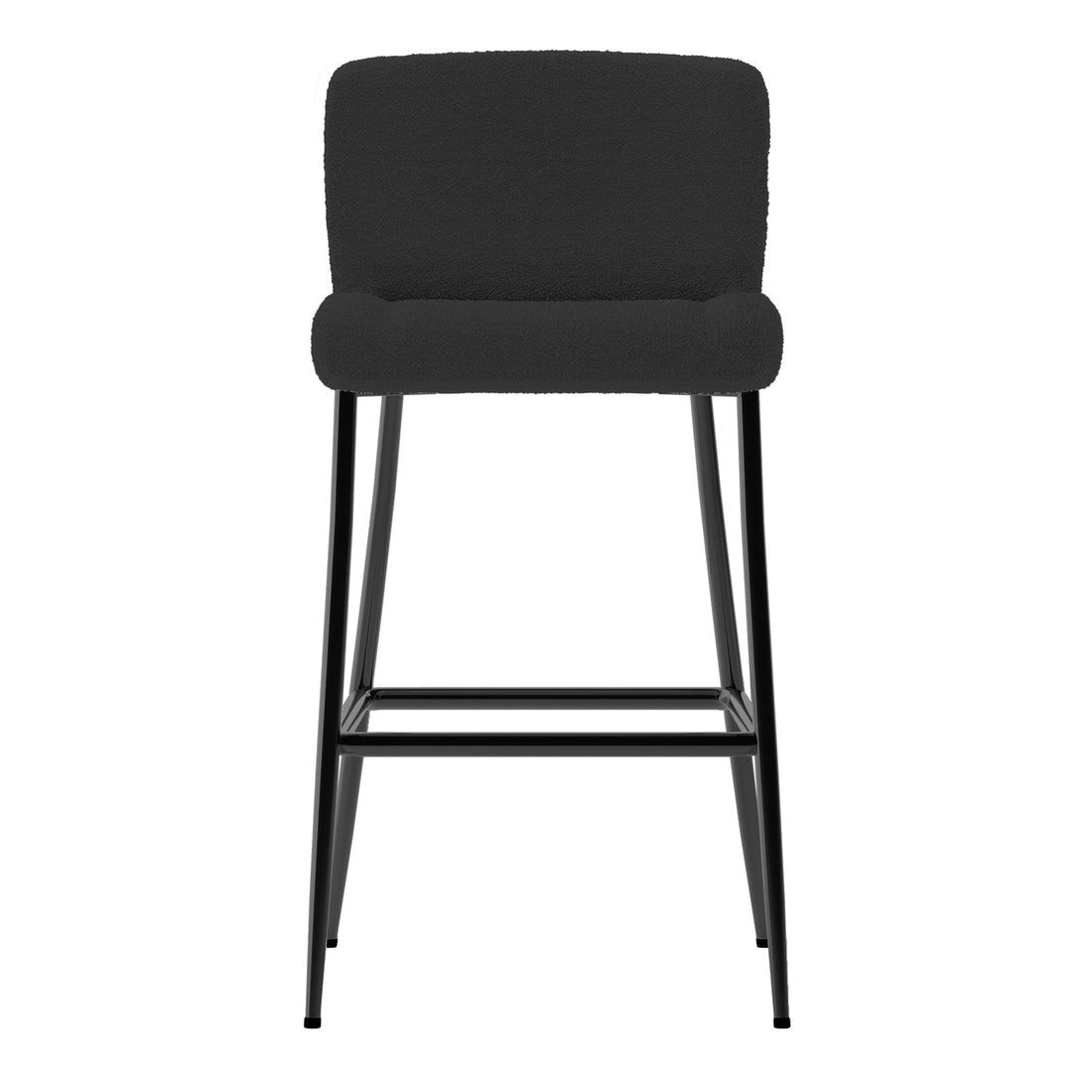 Bernie High Back Boucle Bar Stool Set of 2 in Black, featuring tall, minimalist design with black upholstered seats, low backrests, and slender metal legs with a built-in footrest, perfect for contemporary dining spaces.