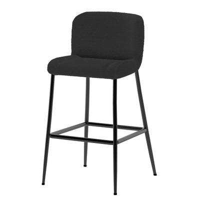 Bernie High Back Boucle Bar Stool Set of 2 in Black features modern, counter-height stools with black boucle fabric low-back seats and slender metal legs, complemented by a square footrest for added comfort.