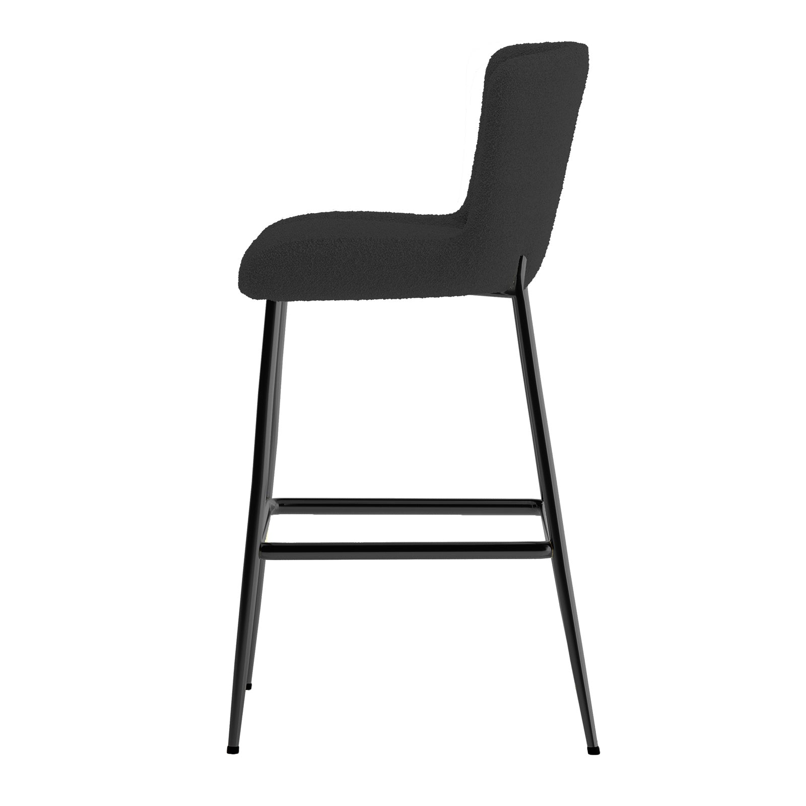 Bernie High Back Boucle Bar Stool Set of 2 in Black features plush black fabric seats and backrests, supported by sleek black metal legs with footrests, showcasing a minimalist, modern design.
