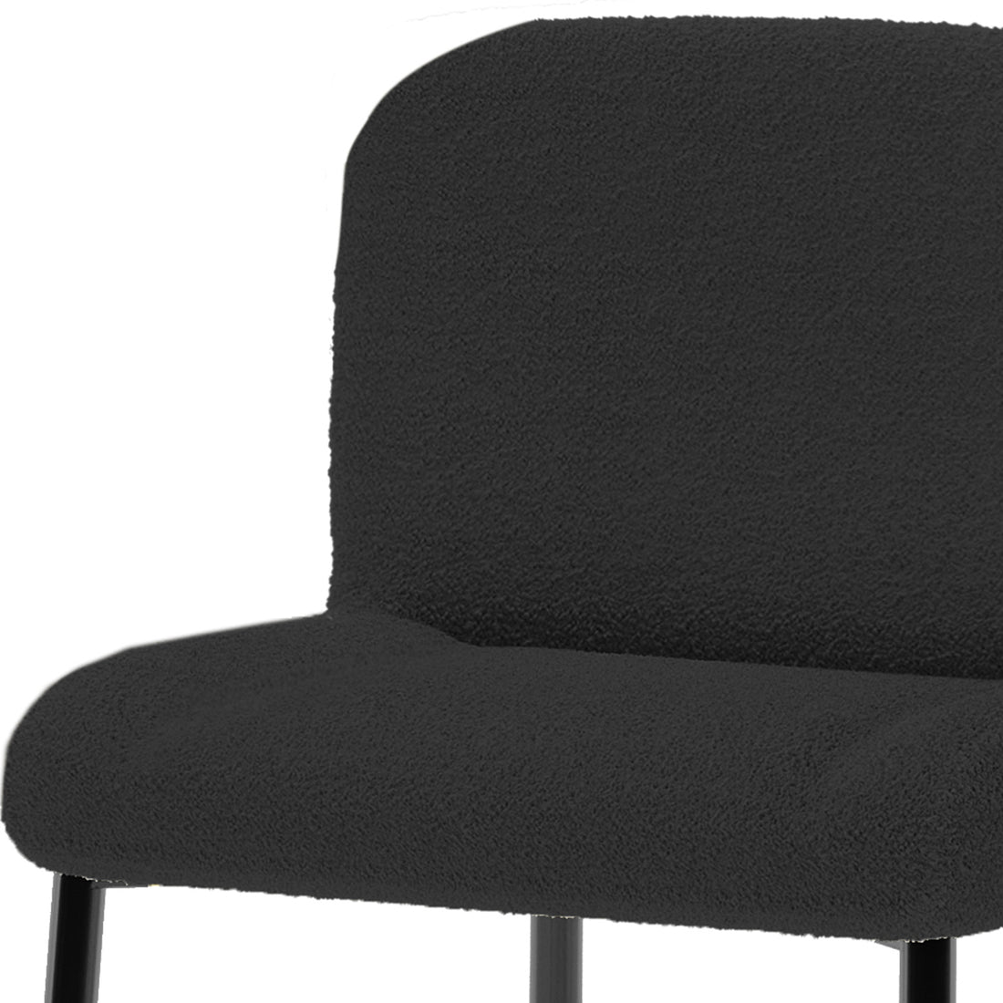 Close-up of Bernie High Back Boucle Bar Stool Set of 2 in Black, showcasing dark boucle-style upholstery on a small bench with slim metal legs, highlighting its contemporary design and plush comfort.