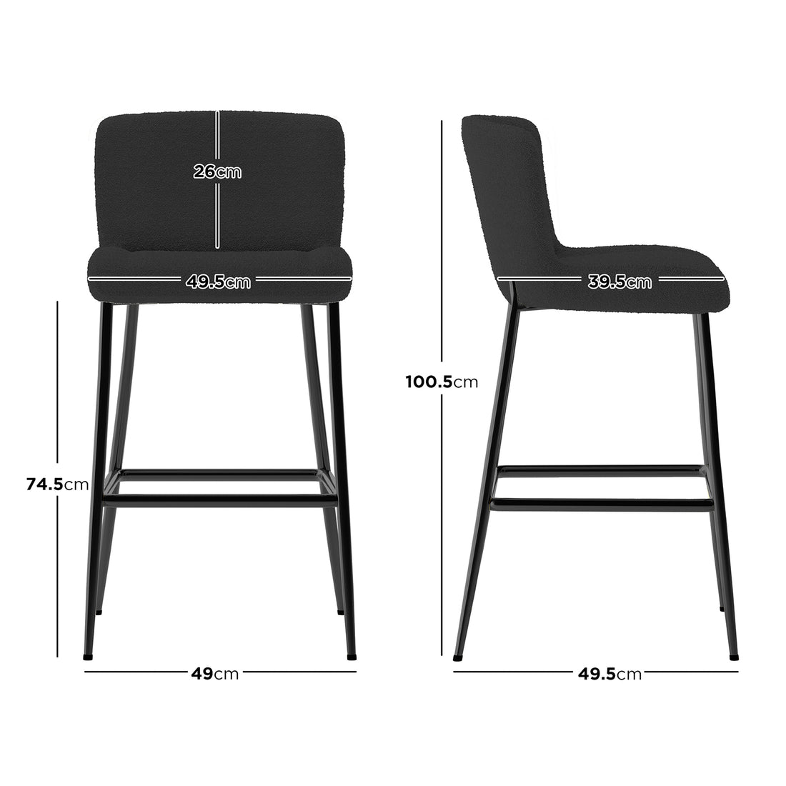 Bernie High Back Boucle Bar Stool Set of 2 in Black, showcasing a front and side view with dimensions, features curved upholstered seats, slender metal legs, and built-in footrests for elegance and comfort.