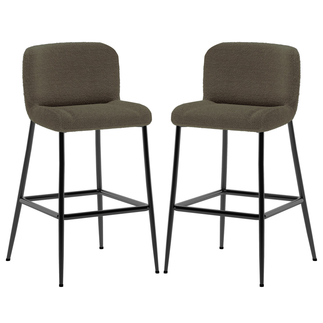 Bernie High Back Boucle Bar Stool Set of 2 in Green features boucle-style upholstered seats with low backs on slim black metal legs, complete with a square footrest for contemporary elegance.
