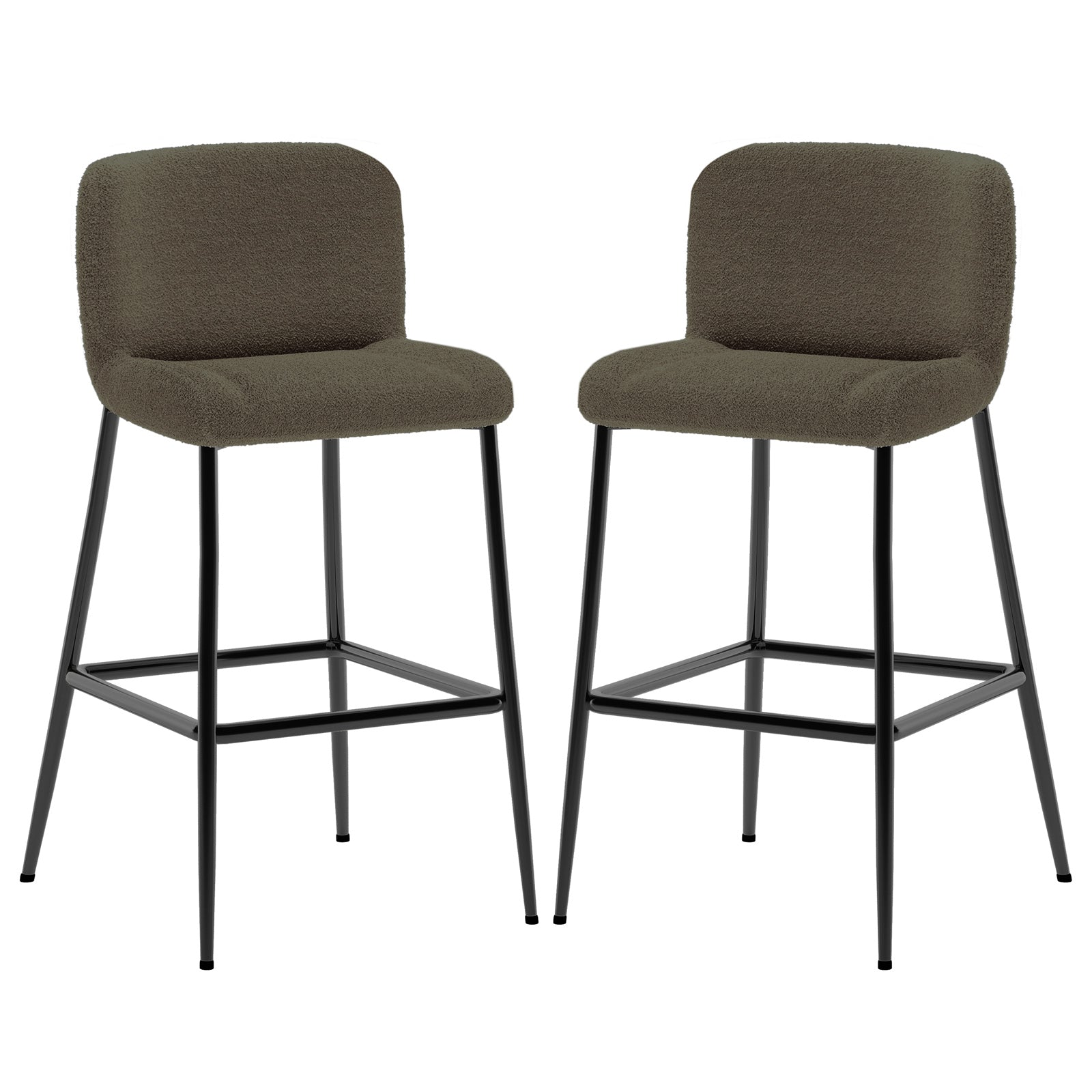 Bernie High Back Boucle Bar Stool Set of 2 in Green features boucle-style upholstered seats with low backs on slim black metal legs, complete with a square footrest for contemporary elegance.