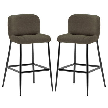 Bernie High Back Boucle Bar Stool Set of 2 in Green features boucle-style upholstered seats with low backs on slim black metal legs, complete with a square footrest for contemporary elegance.