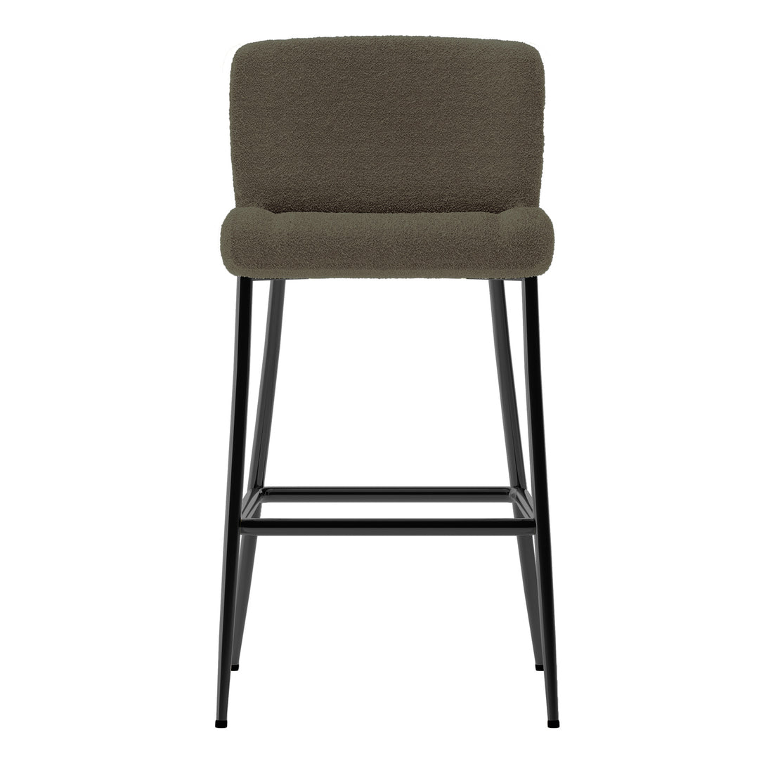 Bernie High Back Boucle Bar Stool Set of 2 features a modern design with neutral boucle fabric upholstery, a low back, and slim black metal legs with a footrest, enhancing dining elegance.